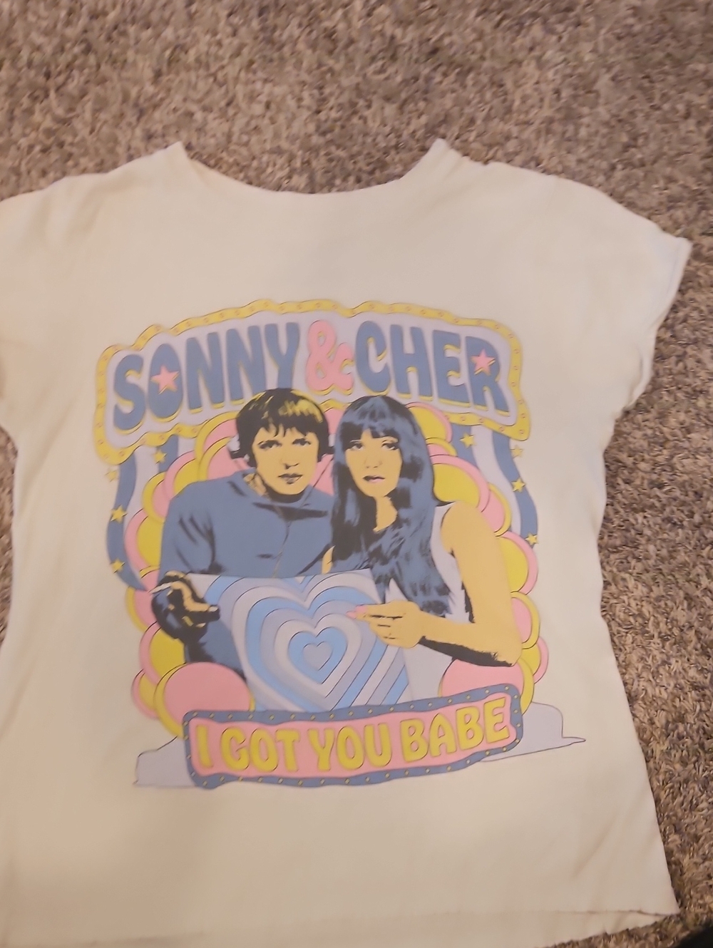 Recycled Karma White Sonny & Cher Graphic Tee with Pastel Artwork